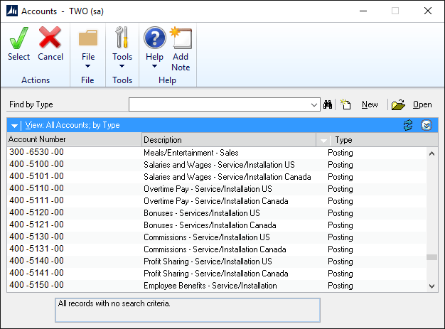 Dynamics GP Account Selection Screen