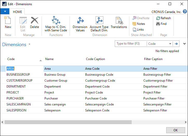 Dynamics NAV Dimension Setup Screen