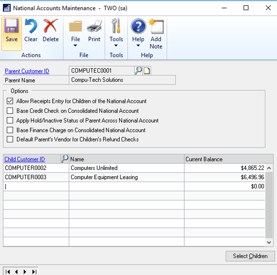 National Accounts Maintenance - Parent/Child
